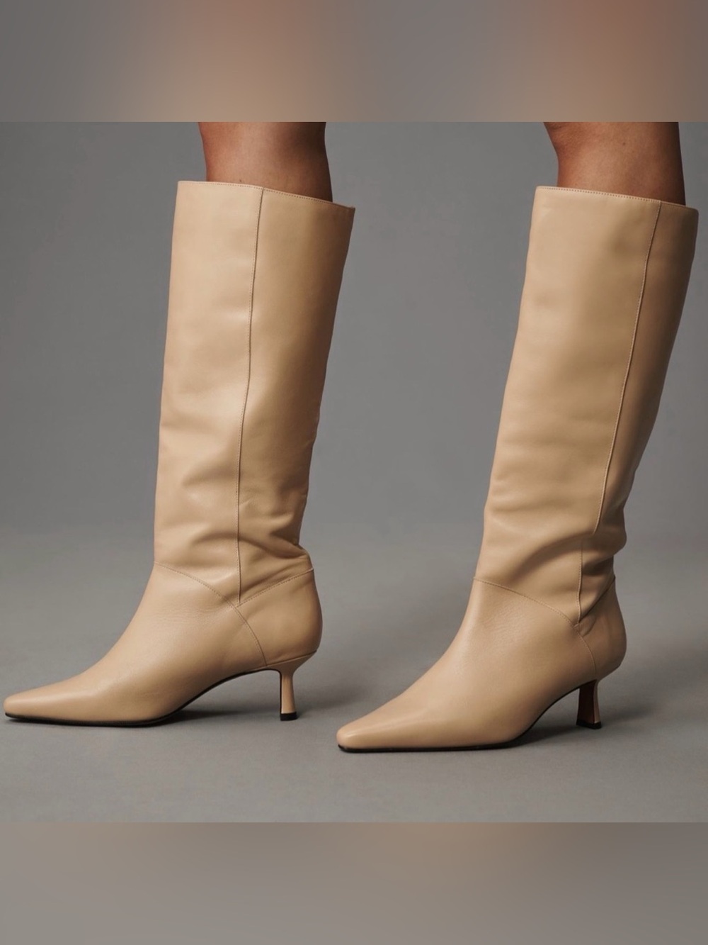 Anthropologie Knee-High Pointed-Toe Kitten Heel Boots in Tan